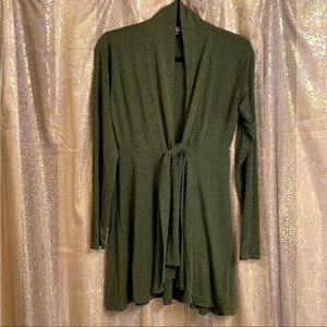 Salaam olive green tie front open cardigan sweater, size S NWOT